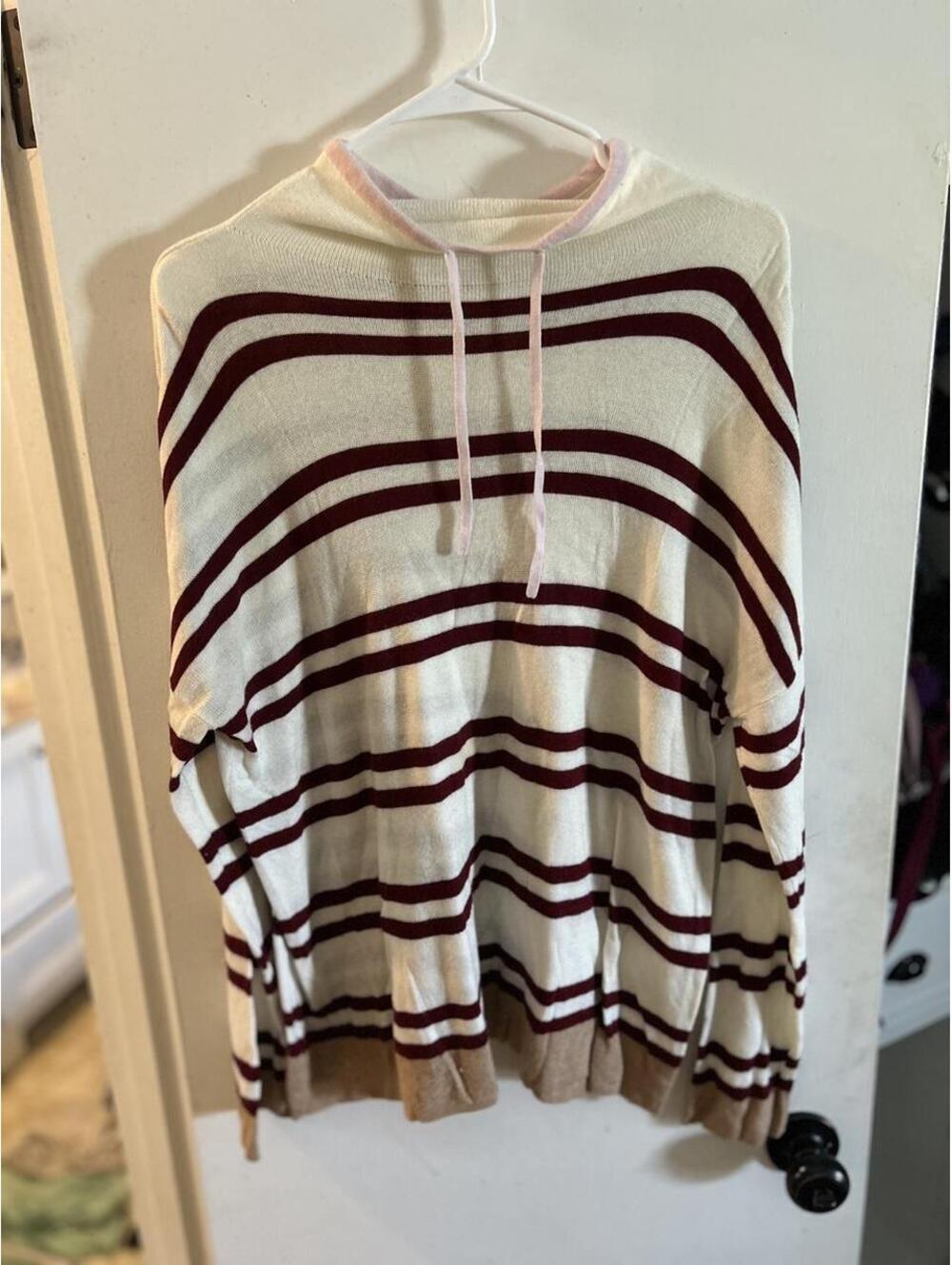 Lou & Grey white and maroon striped sweater with drawstrings in XL